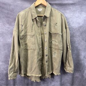 POL Olive Distressed Denim Jean Shacket Size Medium